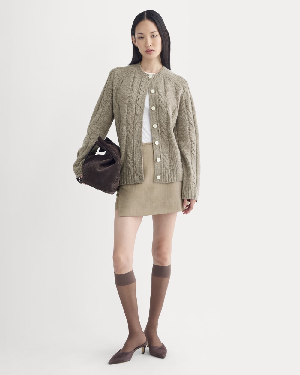 Cable Cardigan in Extrafine Luxe Merino | Heather Soft Taupe - Image 3