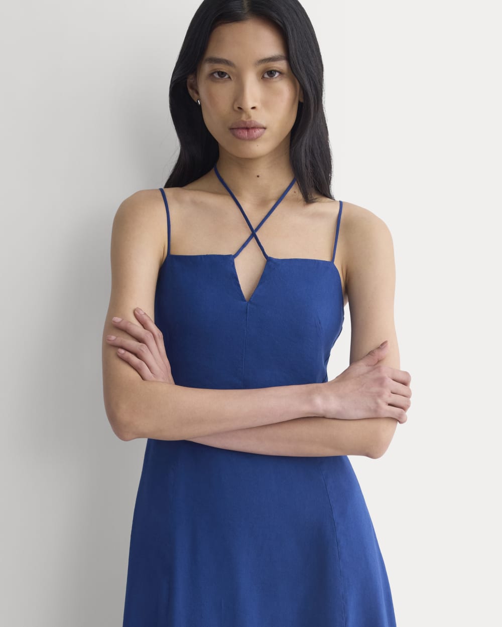 Tie-Neck Dress in Stretch Linen | Estate Blue - Image 3