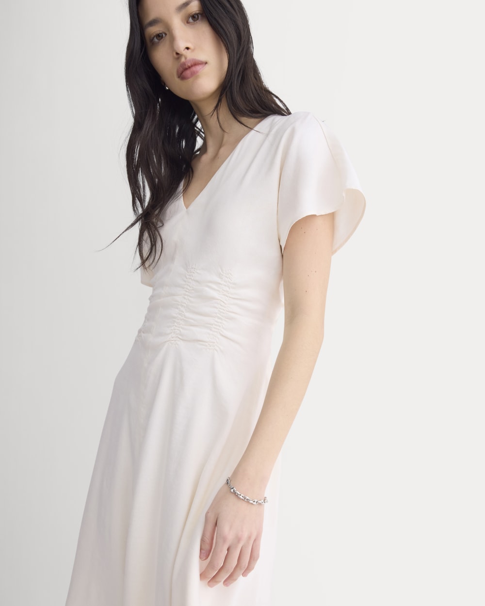 Cinched Dress in Stretch Linen | Bone - Image 3