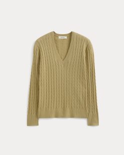 Alternative view of The Cable V-Neck in Cotton Cashmere | Classic Khaki