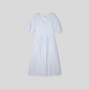Alternative view of The Linen Oversized Puff-Sleeve Dress | Blue / White