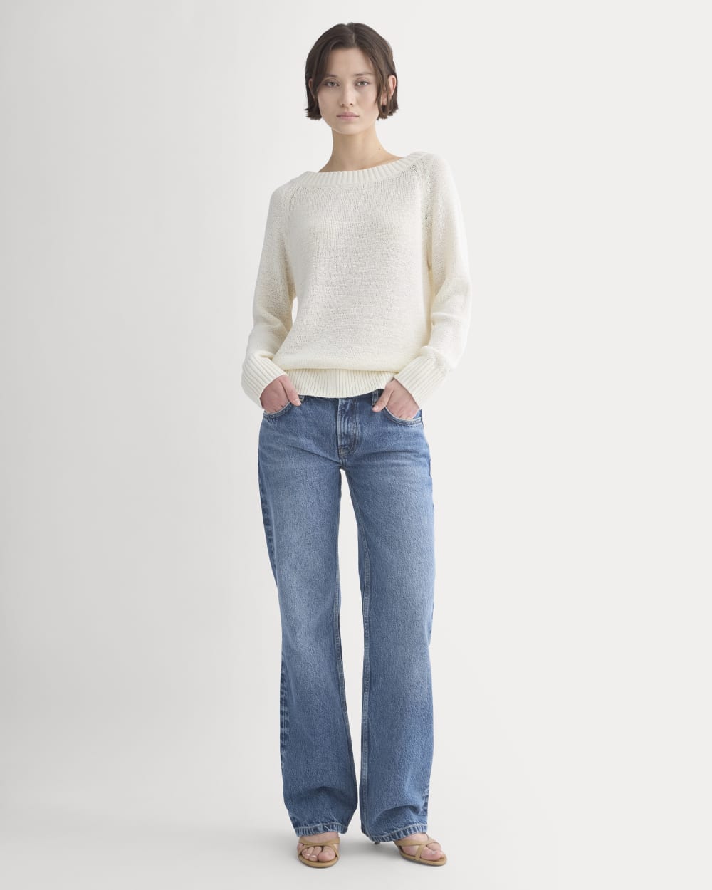 Wide-Neck Crew Sweater in Tape Yarn | Bone - Image 6