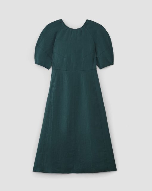 Alternative view of The Linen Short-Sleeve Scoop Midi Dress | Dark Sea