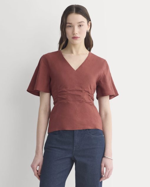 Cinched Top in Stretch Linen | Henna Red