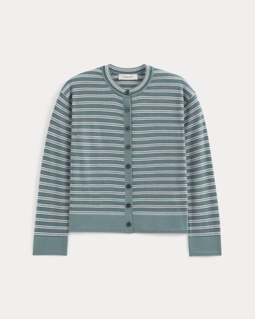 Alternative view of Crew Cardigan in Ultrasoft Merino | Reflecting Pond Multi Stripe