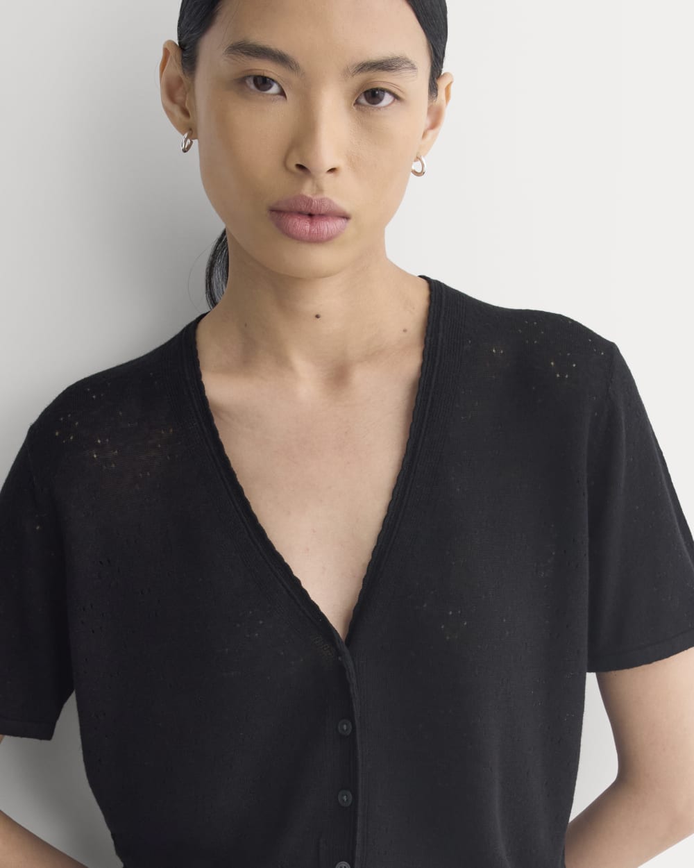 Lace Trim Cardigan in Fine Linen | Black - Image 4
