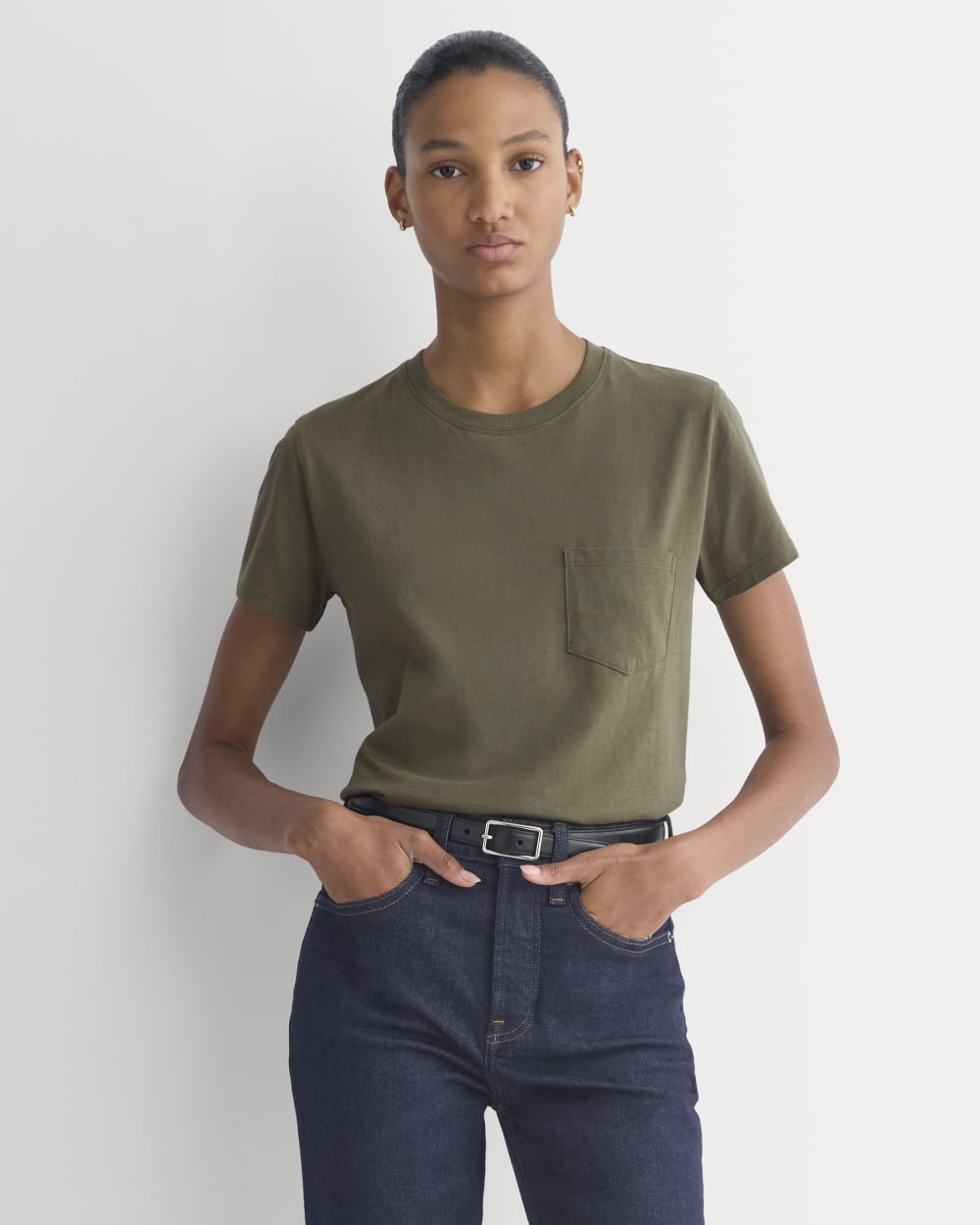 The Box-Cut Tee in Essential Cotton | Olive Night | Pocket