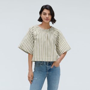 Alternative view of The Seersucker Gathered Tee | Nutria / Off-White