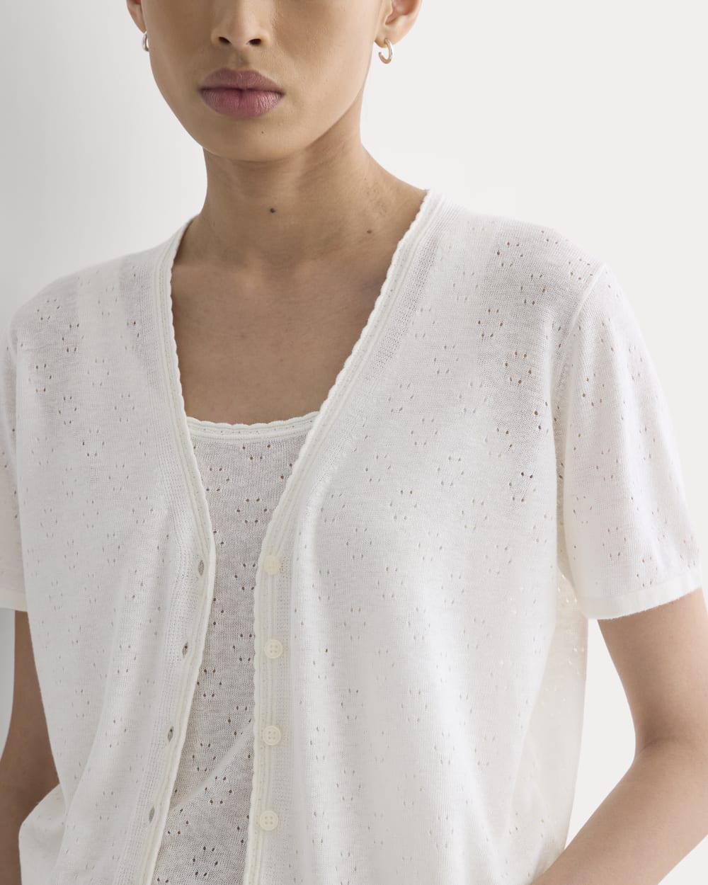 Lace Trim Cardigan in Fine Linen | Bone - Image 4