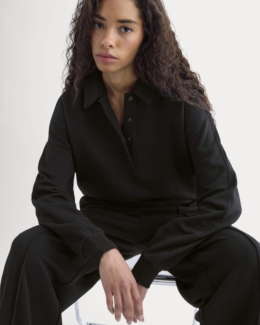 Lightweight Terry Polo Sweatshirt | Black - Image 5