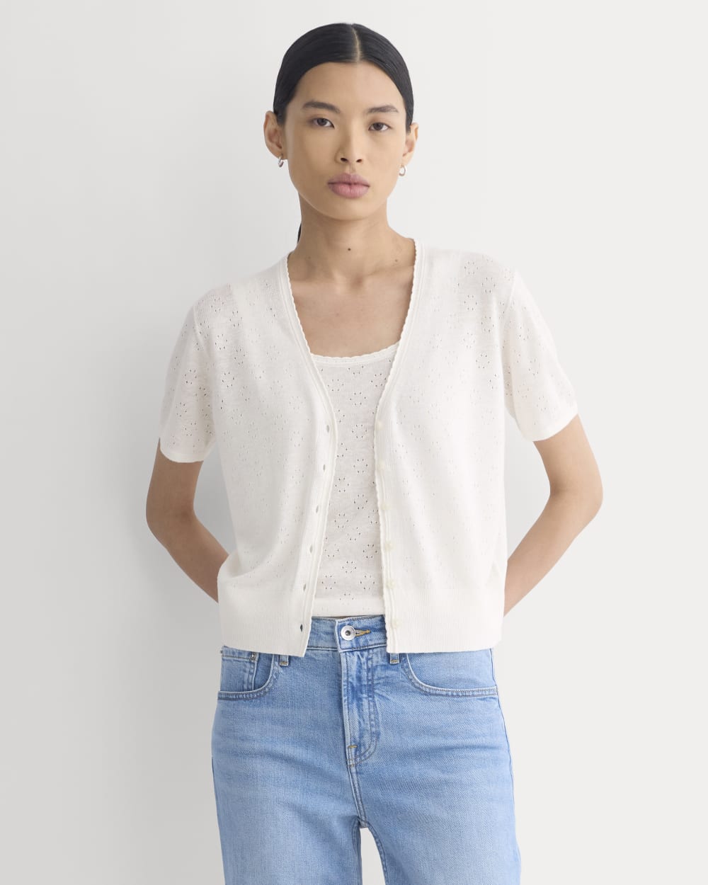 Lace Trim Cardigan in Fine Linen | Bone