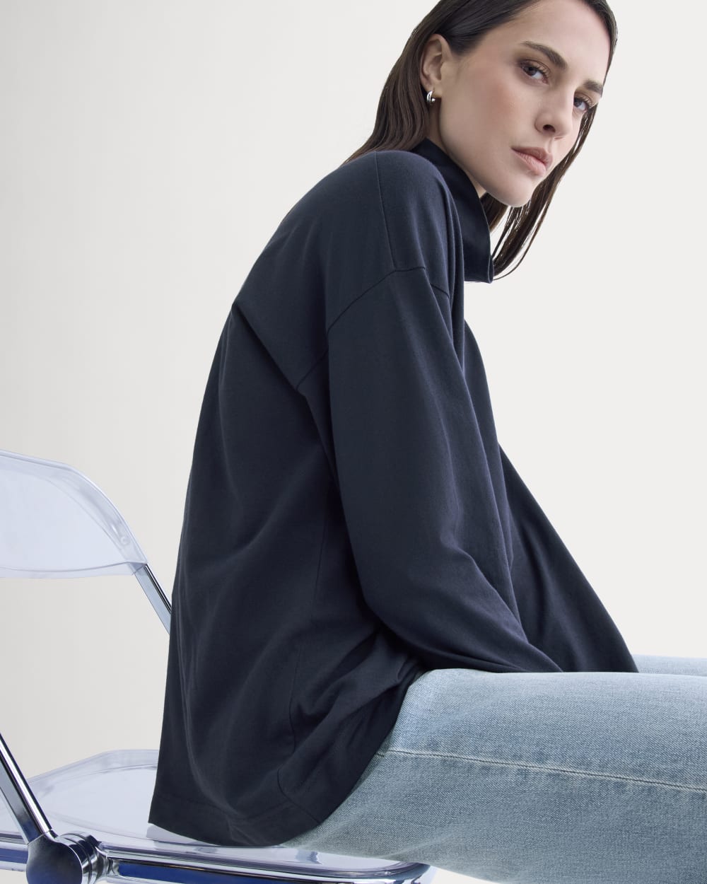 Slouchy Turtleneck In Essential Cotton | Deep Navy - Image 4
