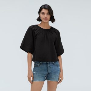 Alternative view of The Seersucker Gathered Tee | Black