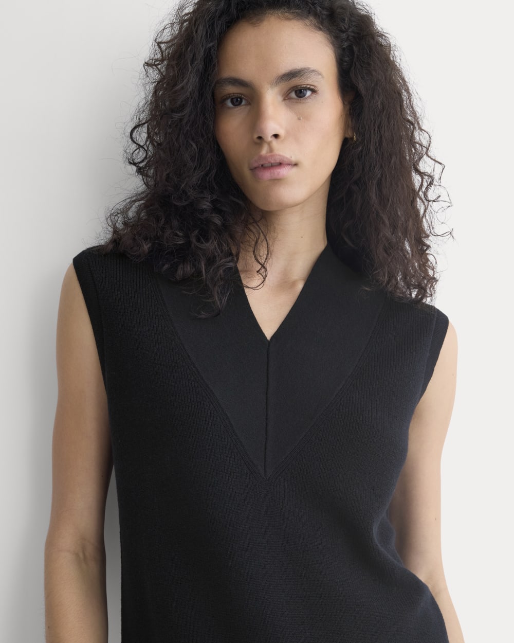Relaxed V-Neck Midi Sweater Dress in Cotton Merino | Black - Image 4