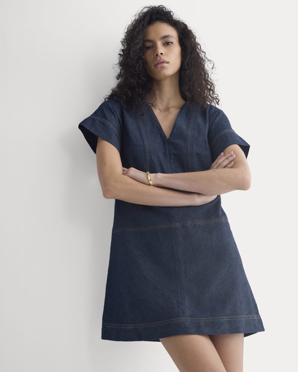 Denim Short-Sleeve Dress | Dark Indigo Rinse - Image 4