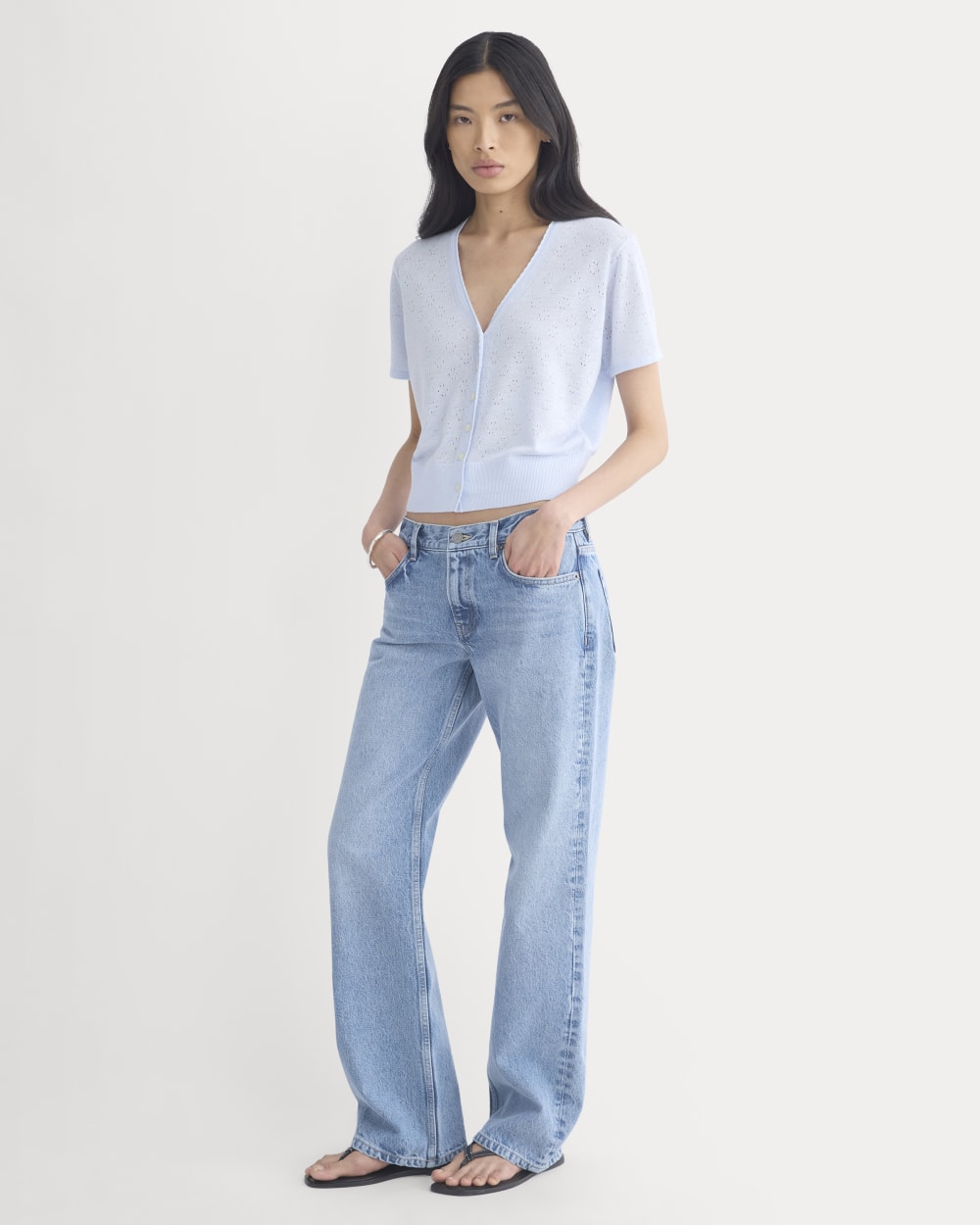 Lace Trim Cardigan in Fine Linen | Skywriting - Image 3