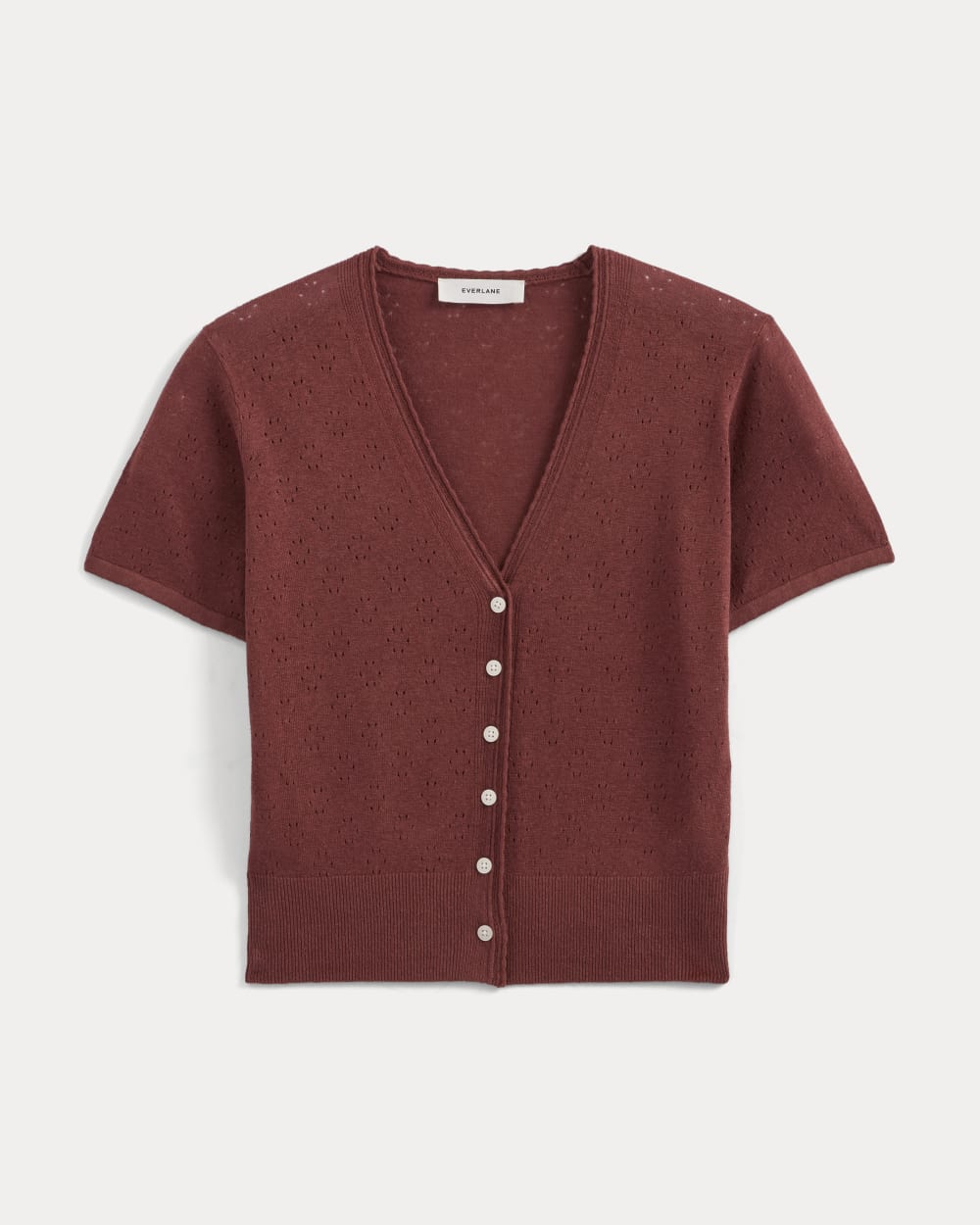 Lace Trim Cardigan in Fine Linen | Henna Red - Image 2