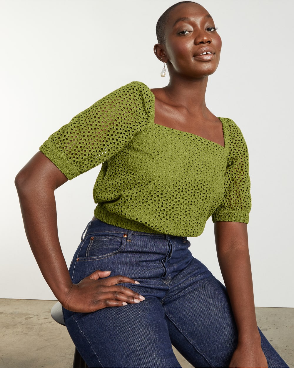 The Eyelet Puff Sleeve Top | Moss - Image 3