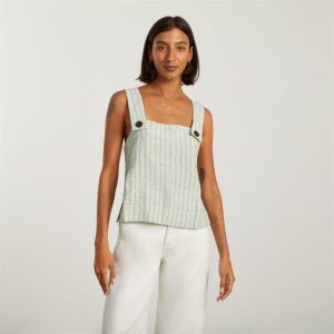 Alternative view of The Apron Linen Tank | Seafoam Pinstripe