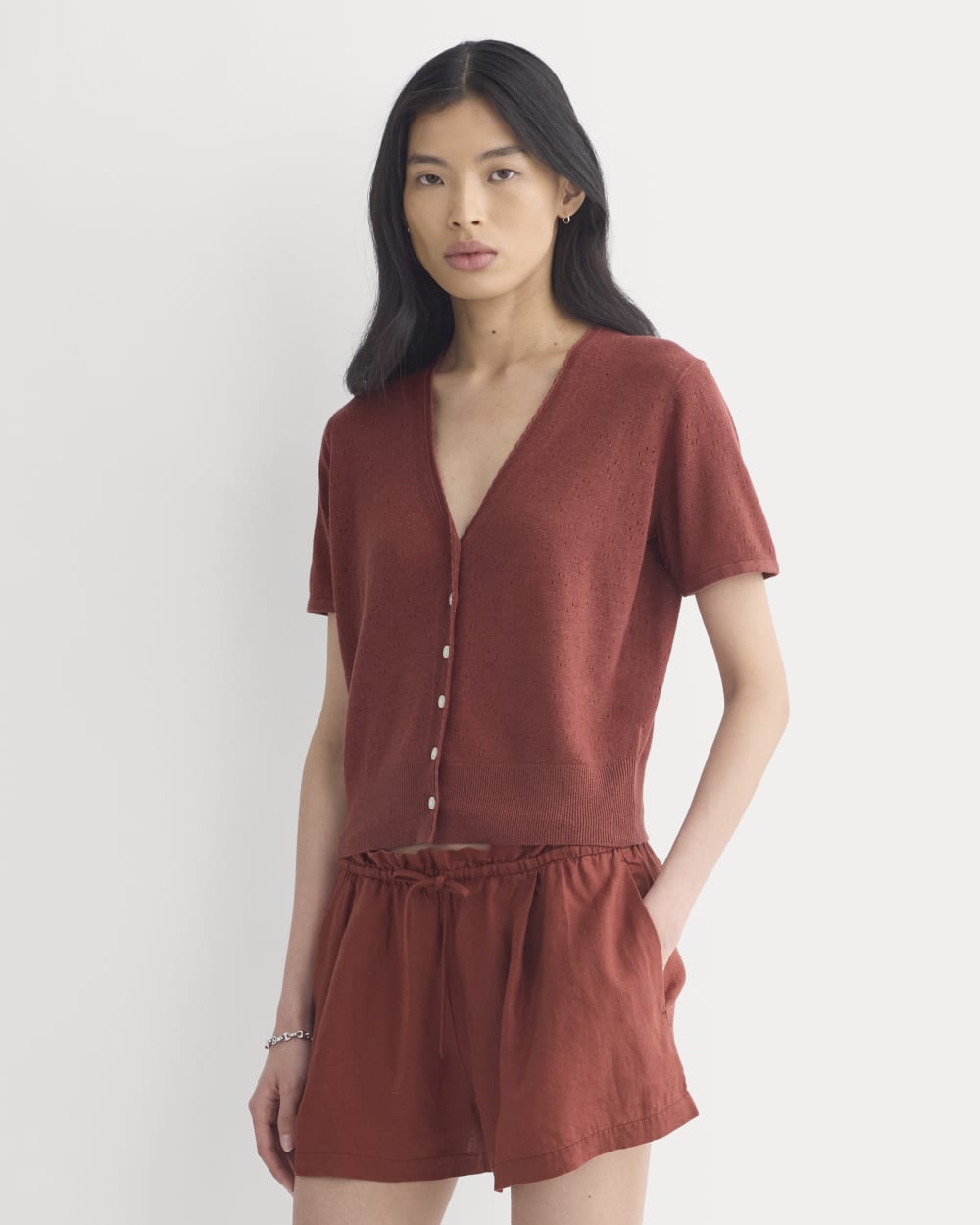 Lace Trim Cardigan in Fine Linen | Henna Red