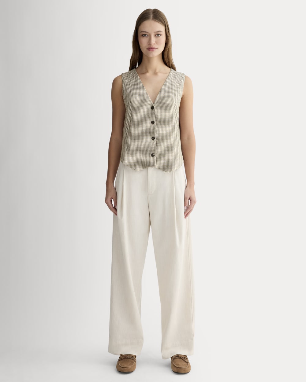The Vest in Stretch Linen | Deep Taupe Mini Gingham - Image 3