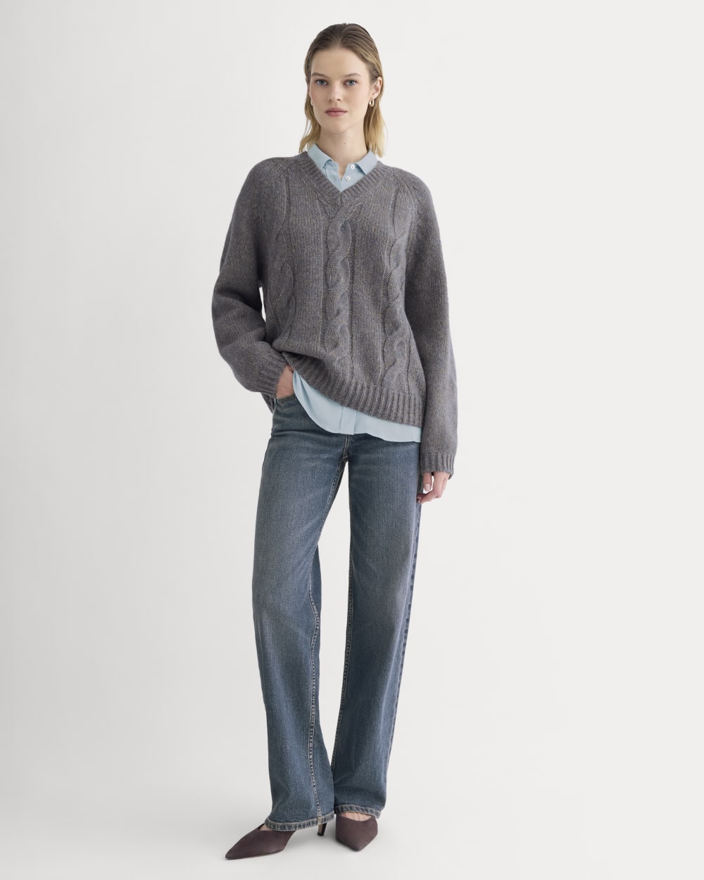 Cloud Cable V-Neck Sweater | Blue Multi Twist - Image 3