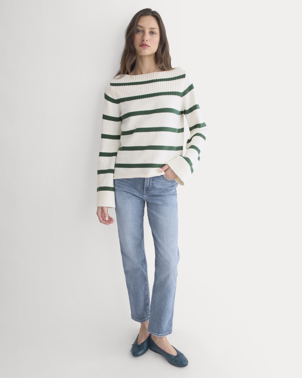 Striped Boatneck Sweater in Everyday Cotton | Hunter Green/Bone - Image 3