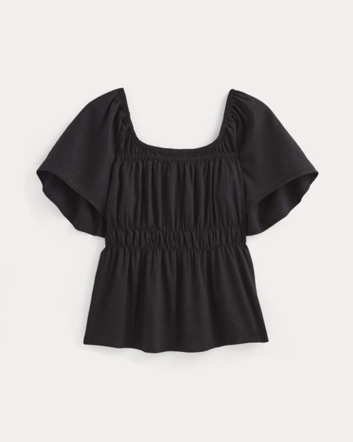 Alternative view of The Flutter-Sleeve Top in Stretch Linen | Black