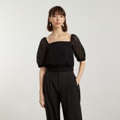 Alternative view of The Eyelet Puff Sleeve Top | Black