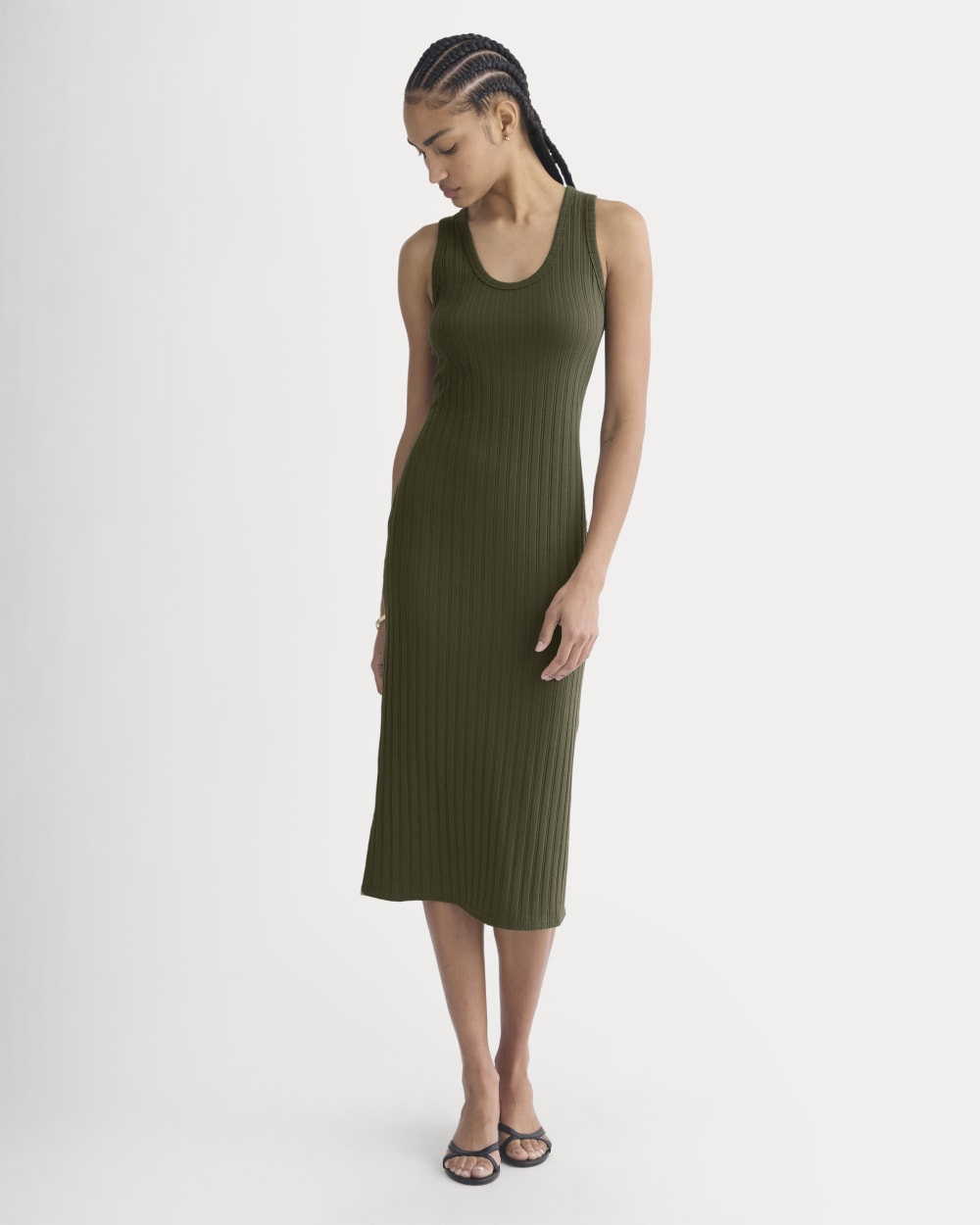 Scoop-Neck Midi Dress in Pointelle Knit | Olive Night - Image 3
