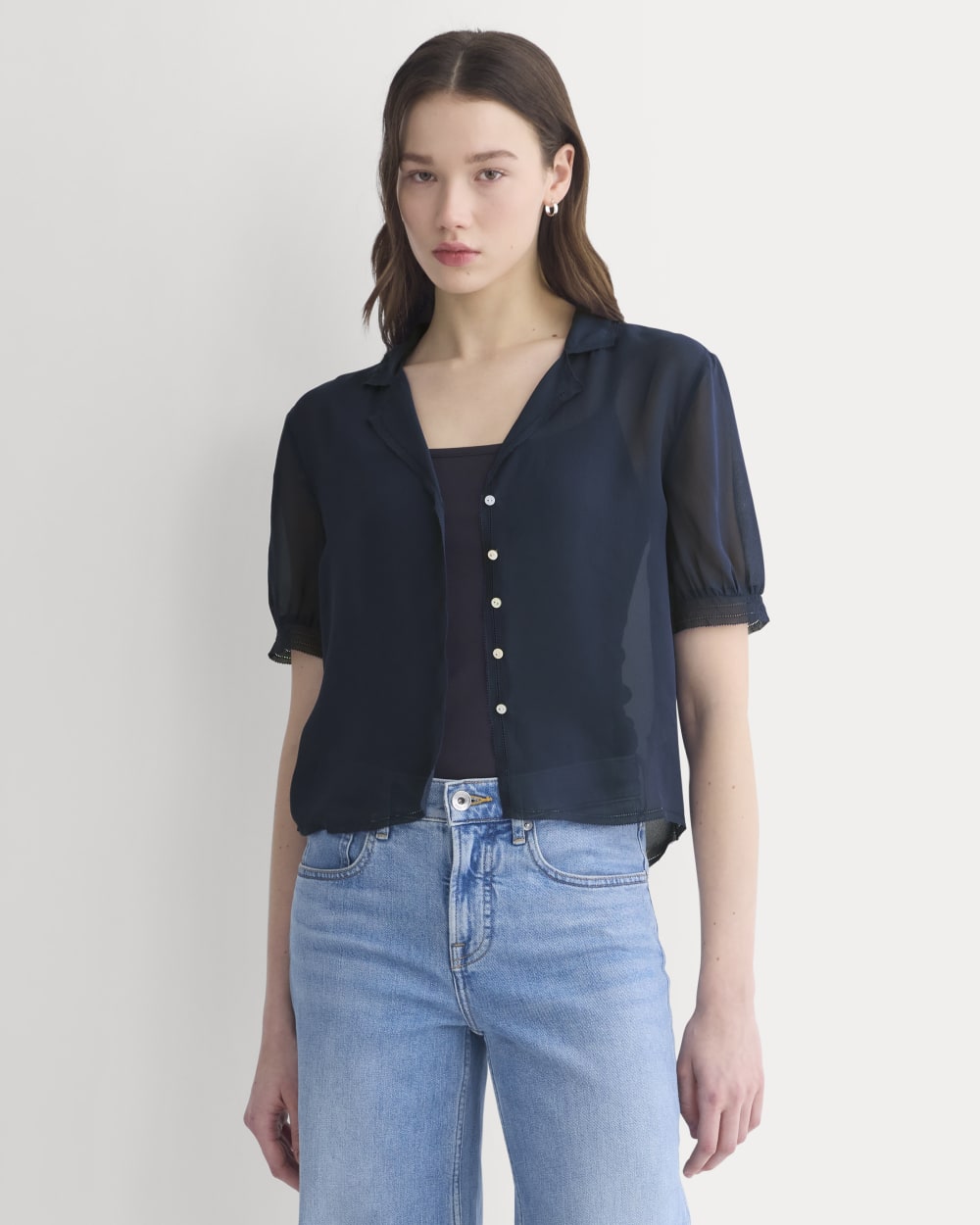Notch Collar Shirt in Silk Georgette | Navy