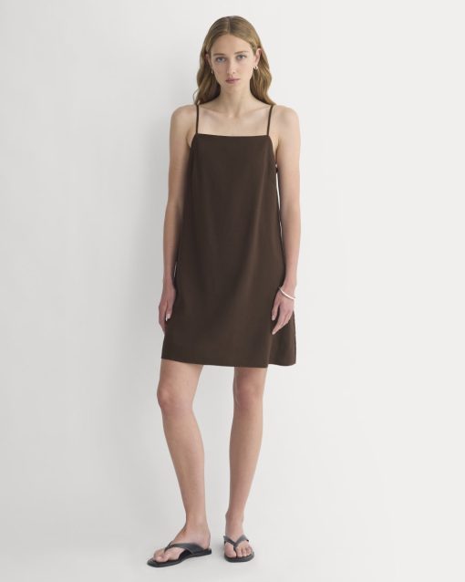 Mini Shift Dress in Stretch Linen | Dark Brown