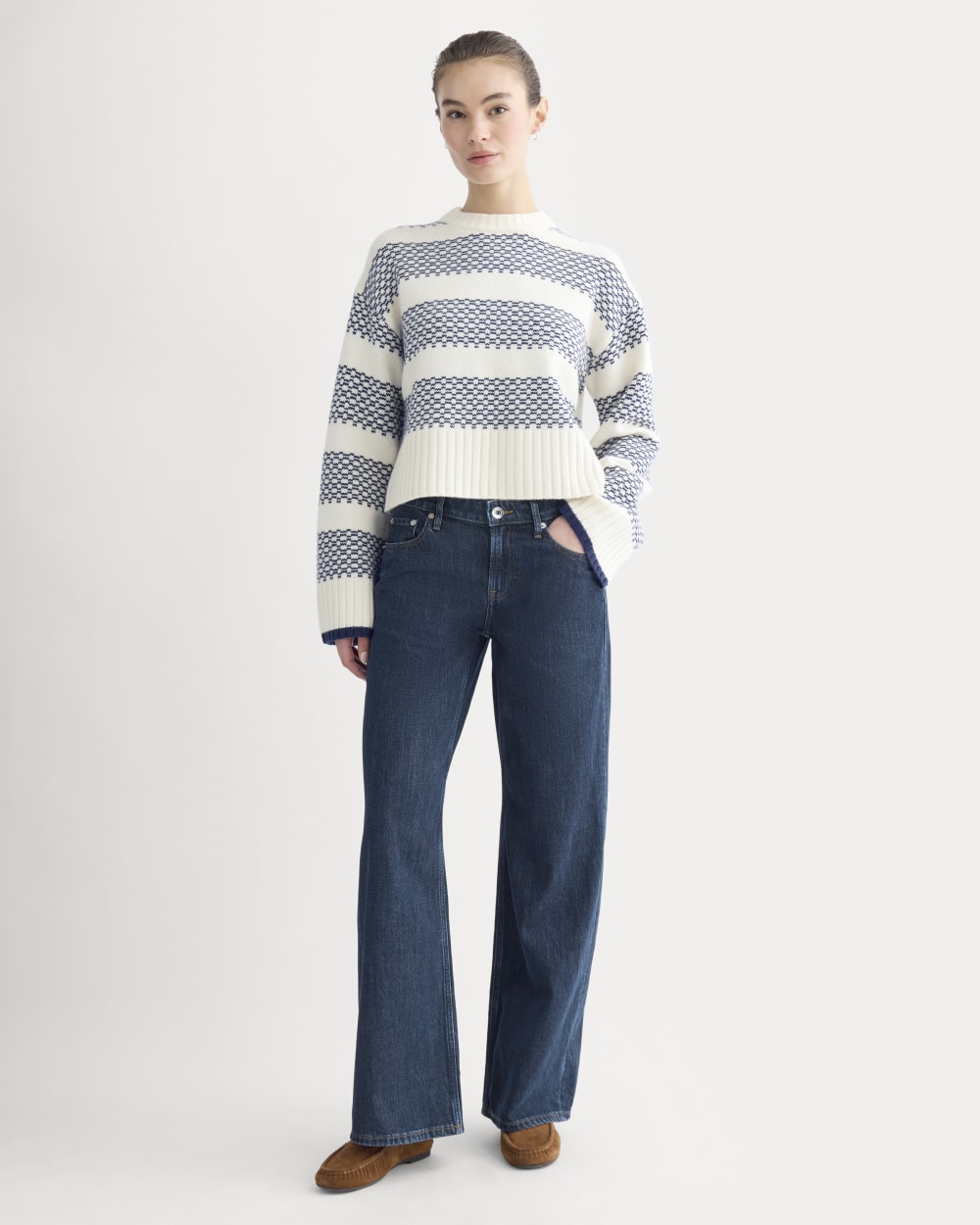 Nordic Cropped Boxy Crew in Luxe Merino | Bone/True Navy - Image 3