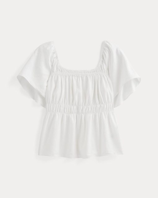 Alternative view of The Flutter-Sleeve Top in Stretch Linen | White
