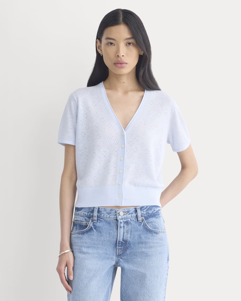 Lace Trim Cardigan in Fine Linen | Skywriting