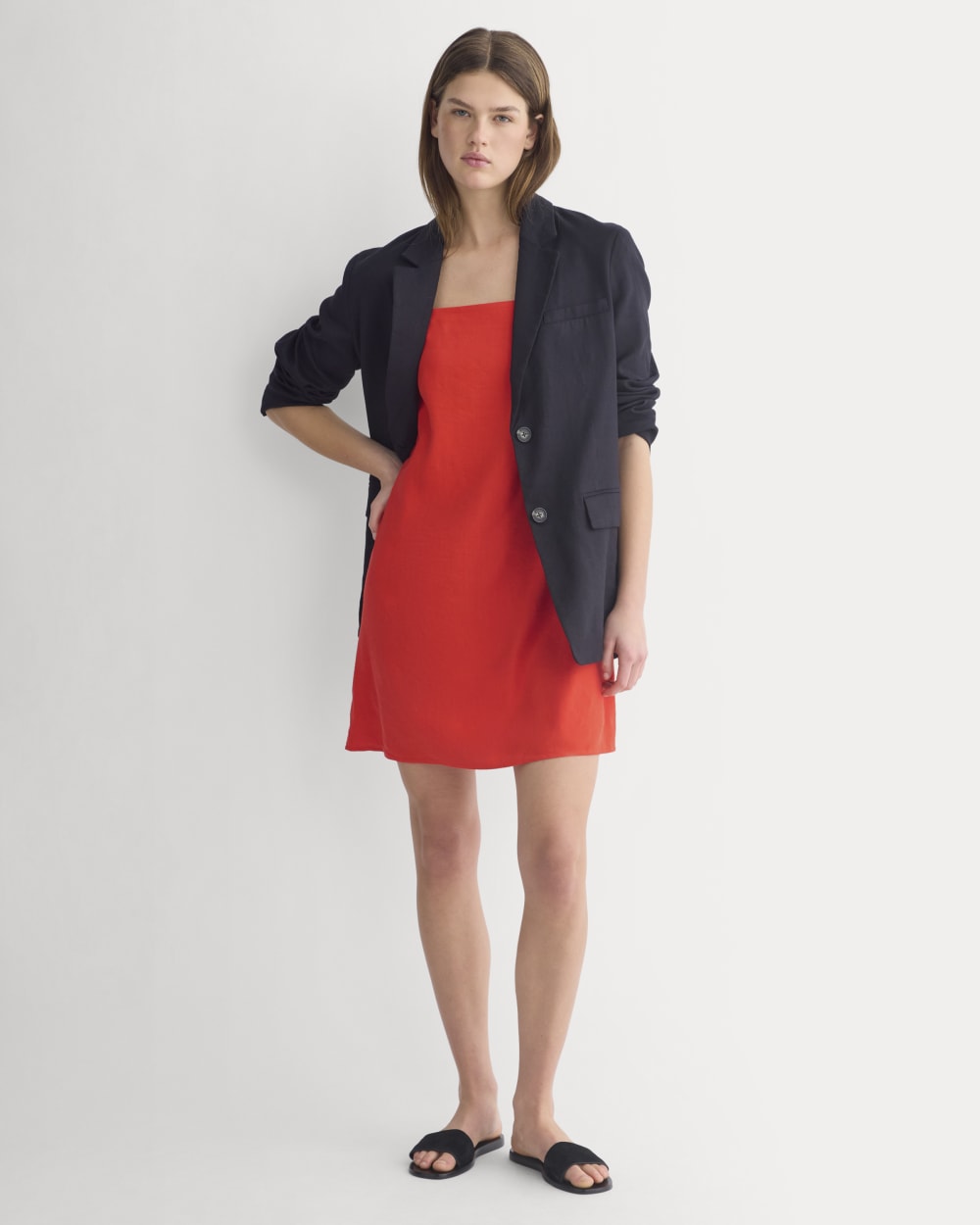 Mini Shift Dress in Stretch Linen | Fiery Red - Image 3