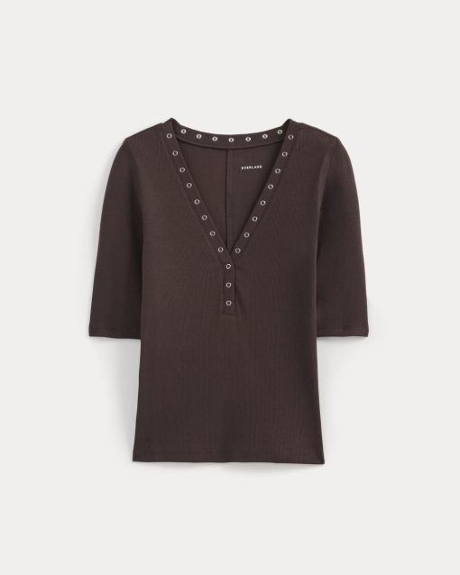 Luxe Rib V-Neck Henley | Coffee Bean