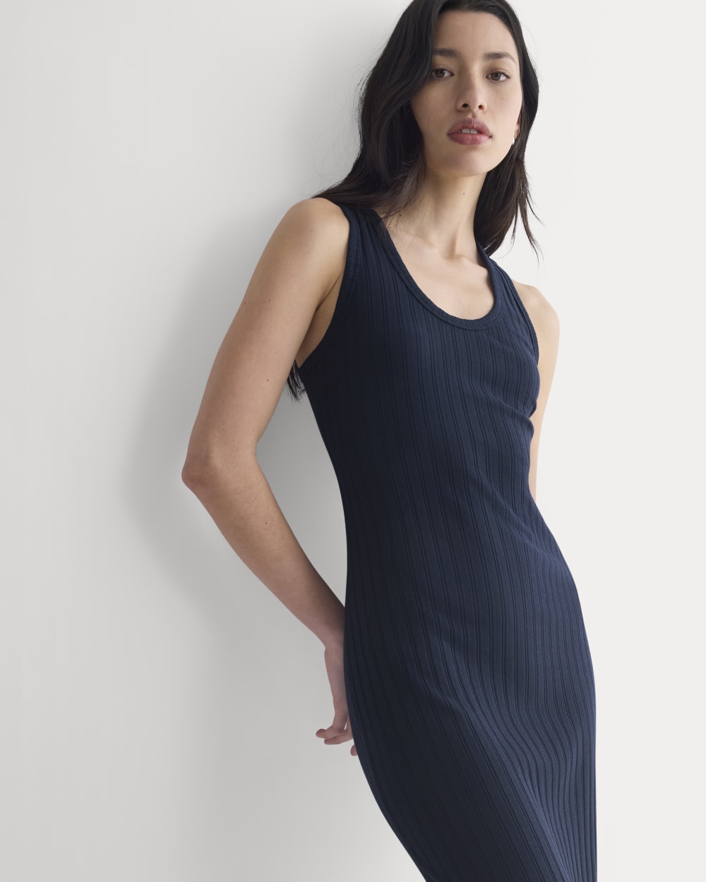 Scoop-Neck Midi Dress in Pointelle Knit | Deep Navy - Image 3