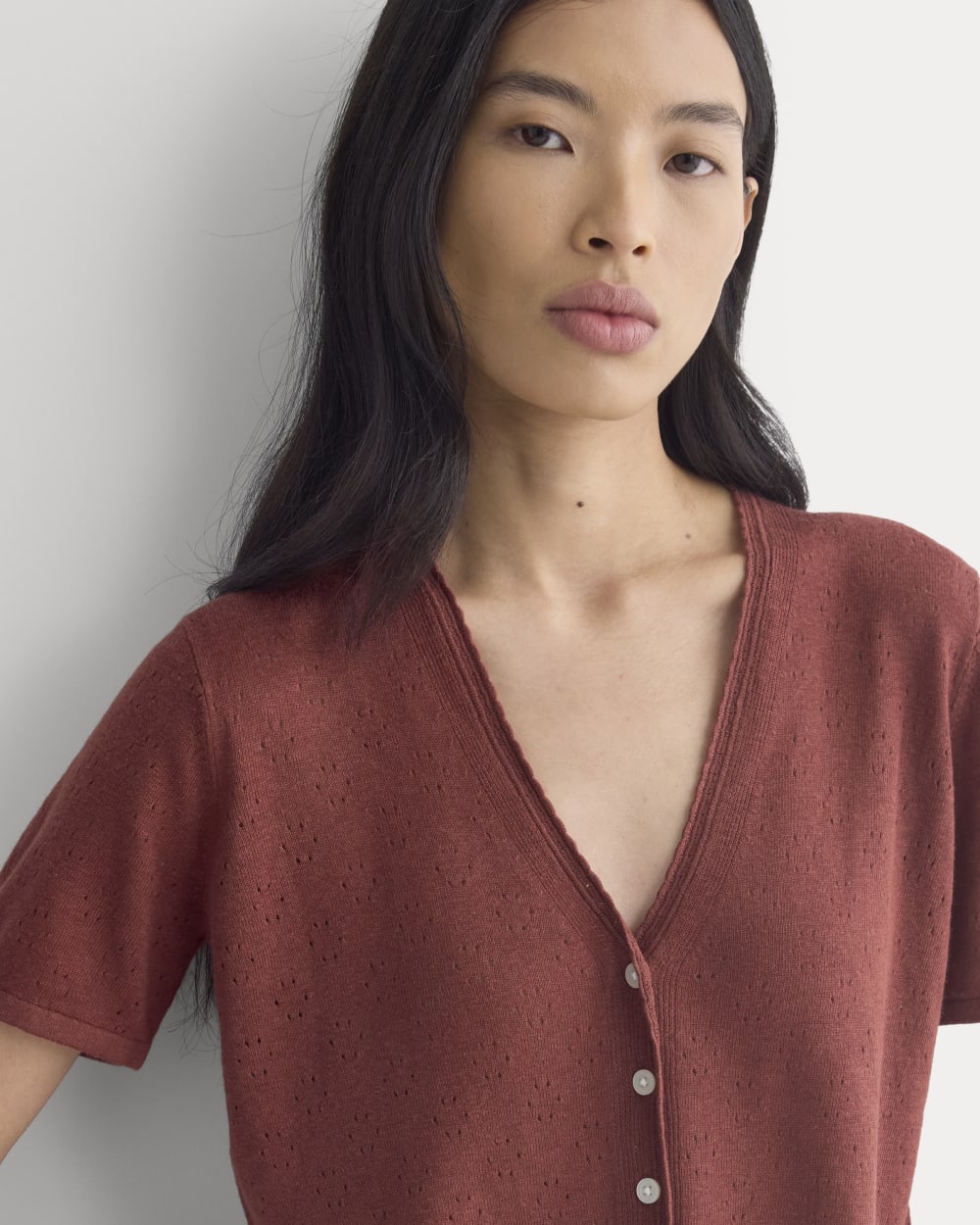 Lace Trim Cardigan in Fine Linen | Henna Red - Image 4