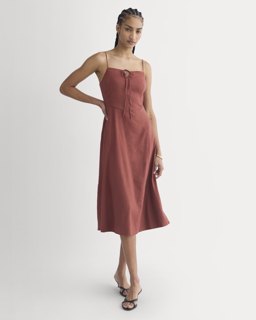 Tie-Neck Dress in Stretch Linen | Henna Red - Image 3
