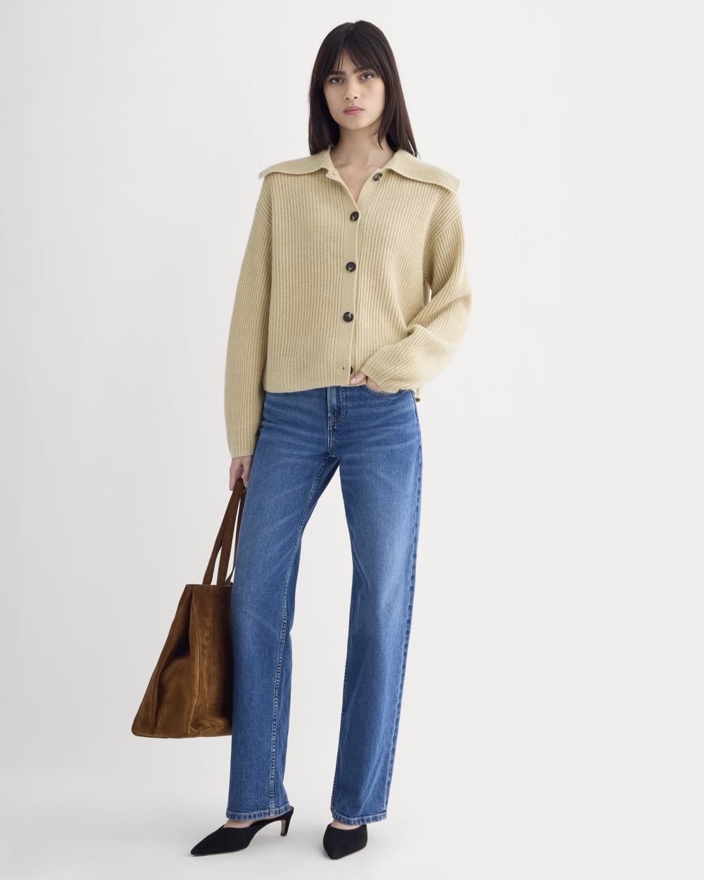 Fisherman Cardigan in Wool Cashmere | Heather Light Camel - Image 3