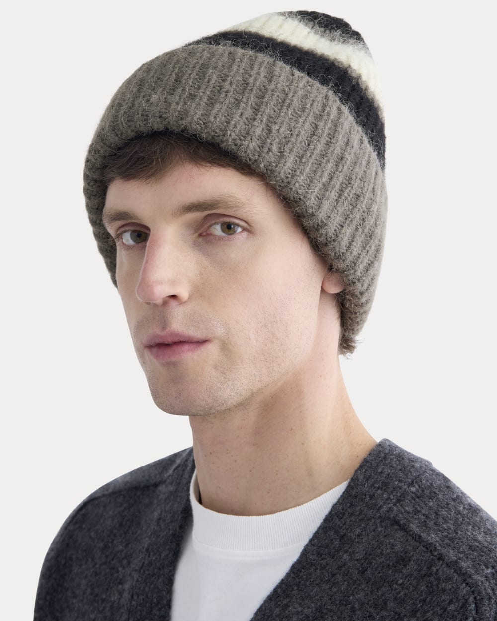 Plush Alpaca Beanie | Mid Grey Heather/Black/Bone - Image 3
