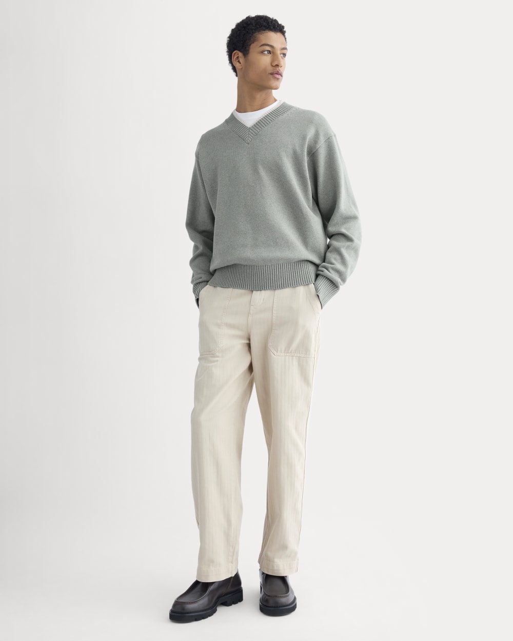 Relaxed V-Neck Sweater in Everyday Cotton | Heathered Lilypad - Image 3