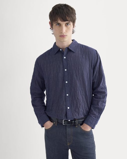 Textured Voile Button-Up Shirt | Navy Plaid