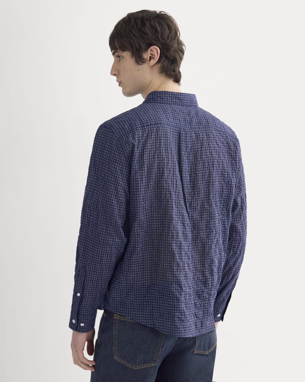 Textured Voile Button-Up Shirt | Navy Plaid - Image 5